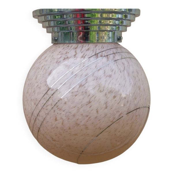 Ancien plafonnier boule verre de clichy imposant rose & argenté luminaire art déco