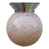 Ancien plafonnier boule verre de clichy imposant rose & argenté luminaire art déco