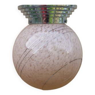 Ancien plafonnier boule verre de clichy imposant rose & argenté luminaire art déco