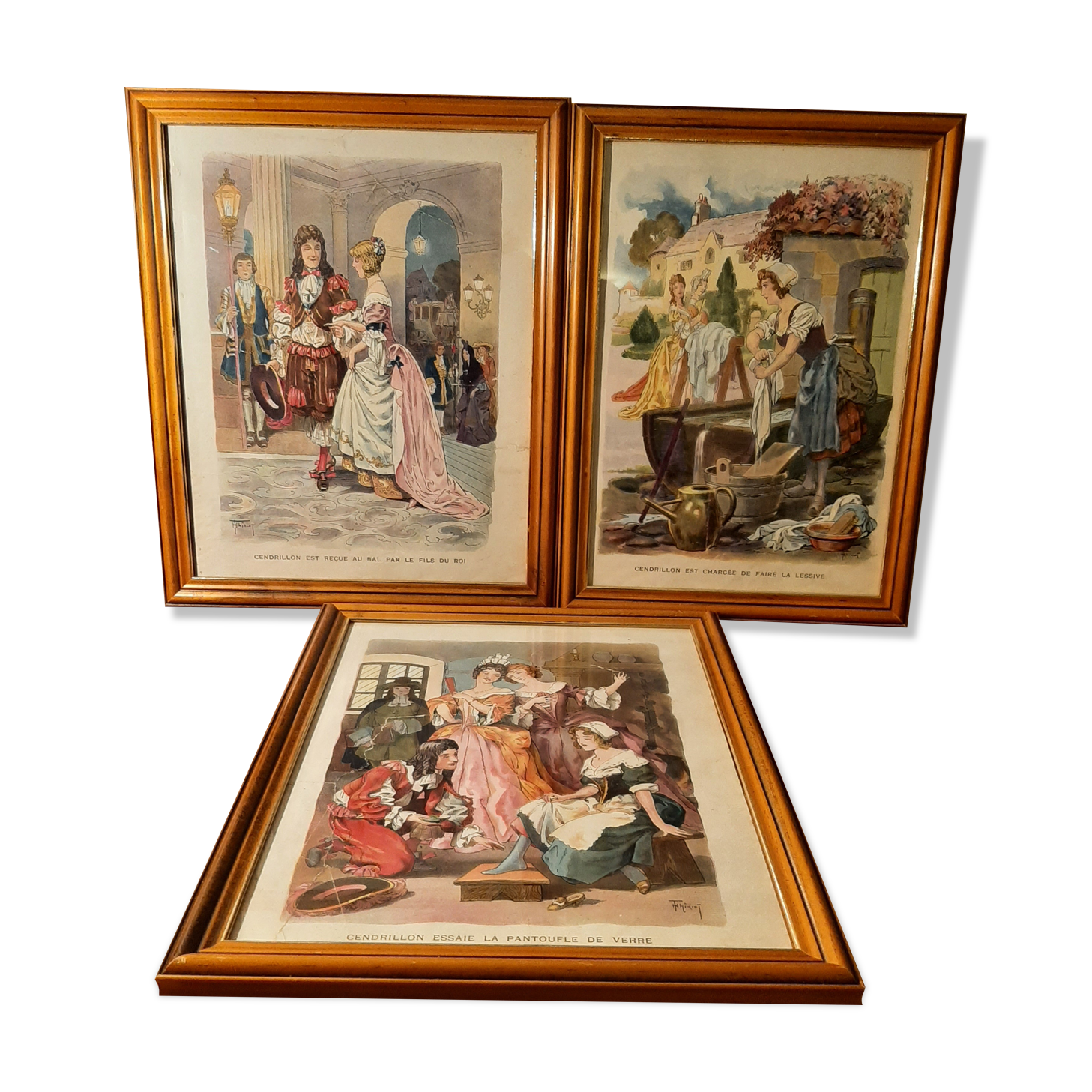 3 old Cinderella illustrations framed under glass