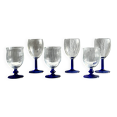 Set of 3 large blue stemmed glasses and 3 small blue stemmed glasses