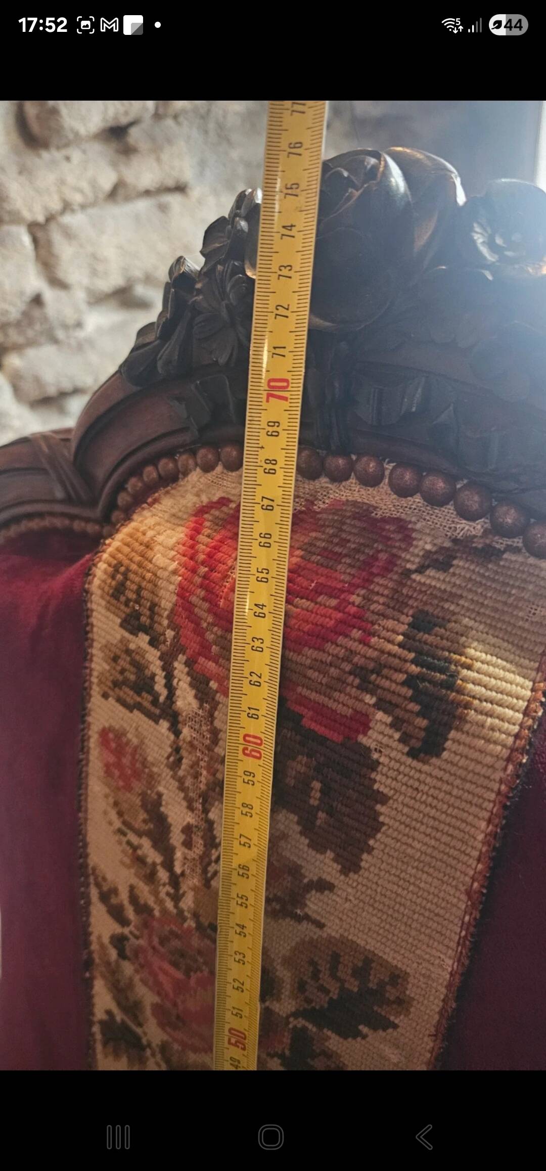 Louis-Philippe armchair in mahogany and burgundy velvet, floral decoration.