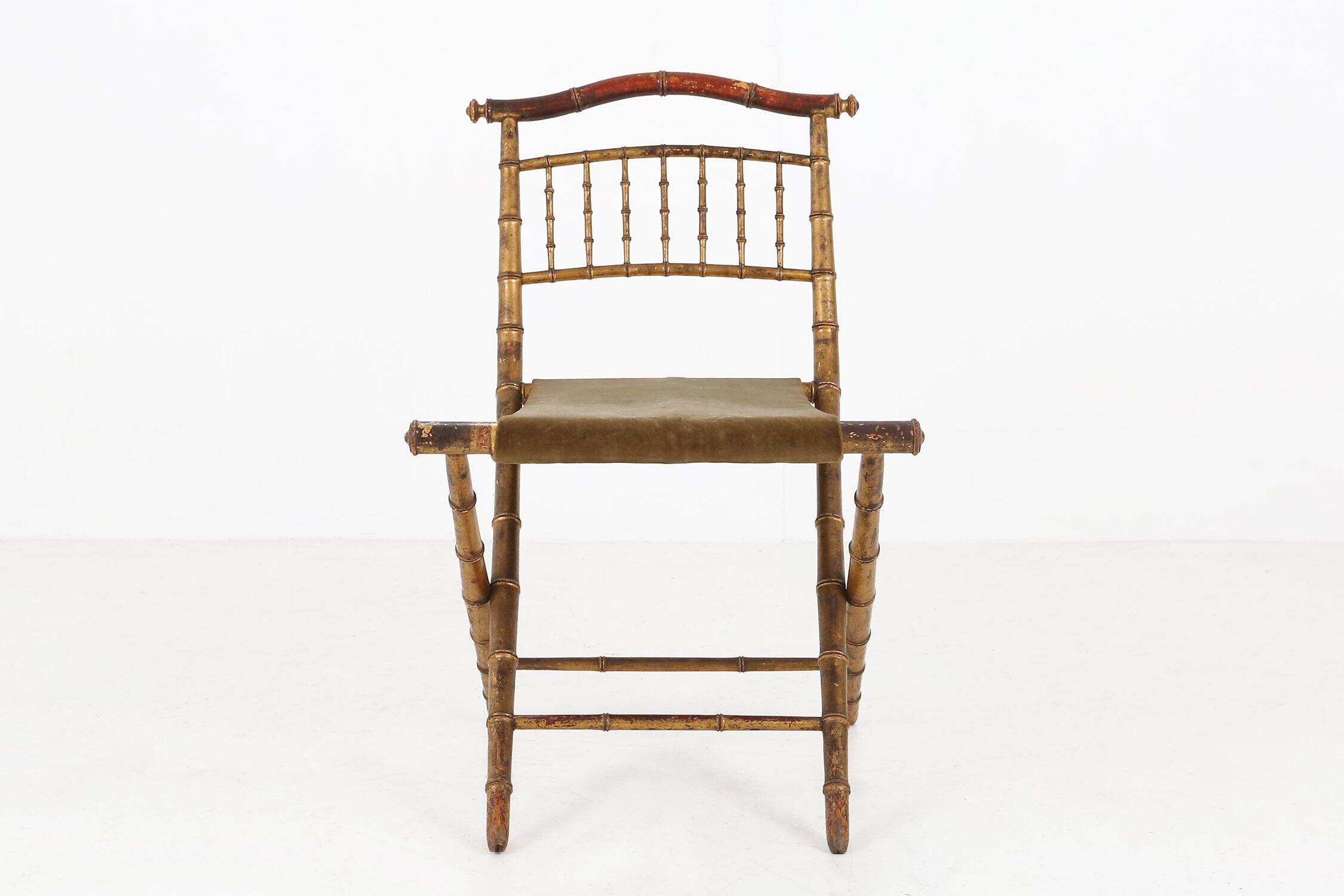 Chaise pliante en faux bambou en bois doré et tissu vert, France vers