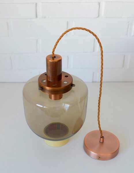 1 blown smoked glass pendant light / copper bar lamp / mid-century modern 1970s