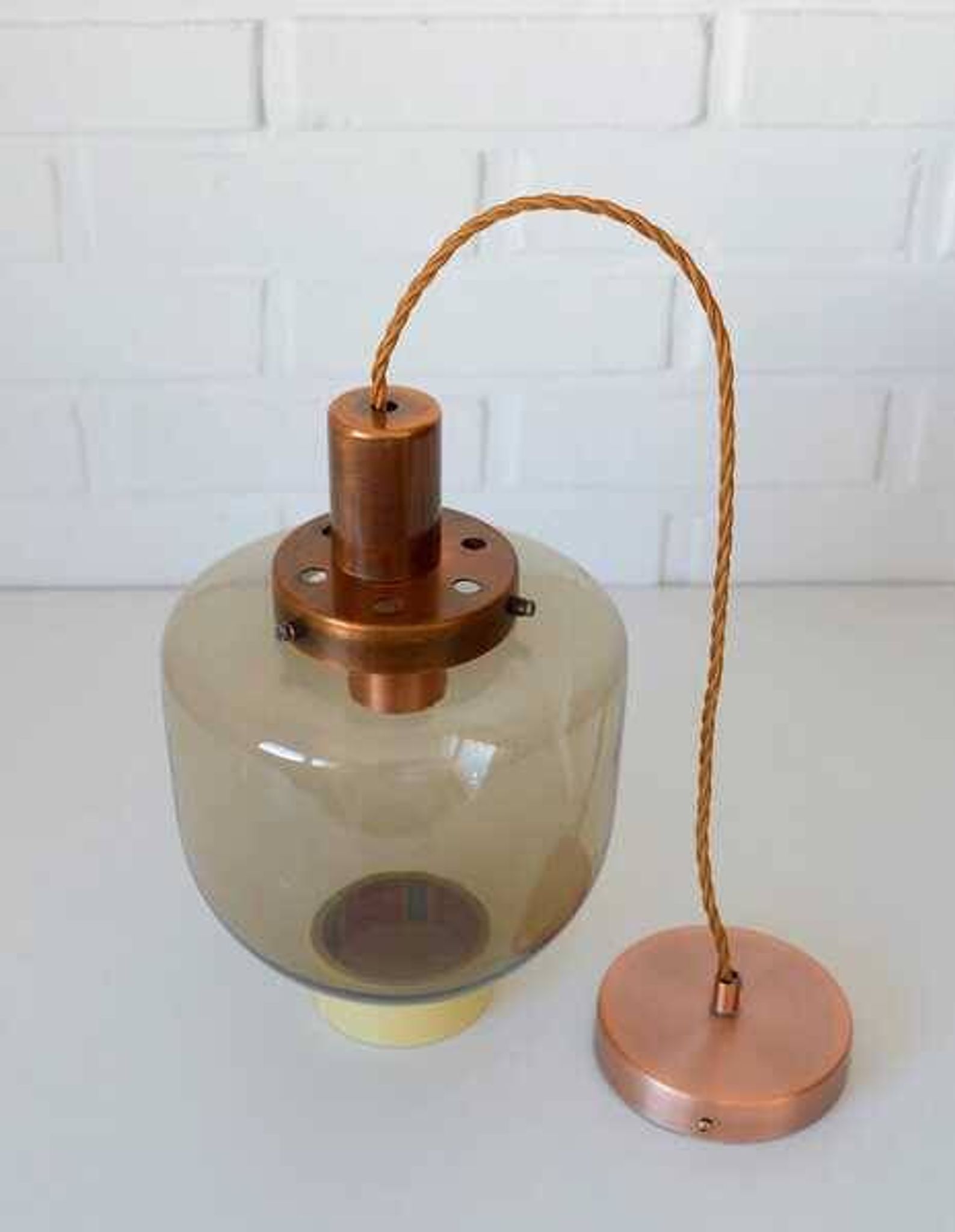 1 blown smoked glass pendant light / copper bar lamp / mid-century modern 1970s