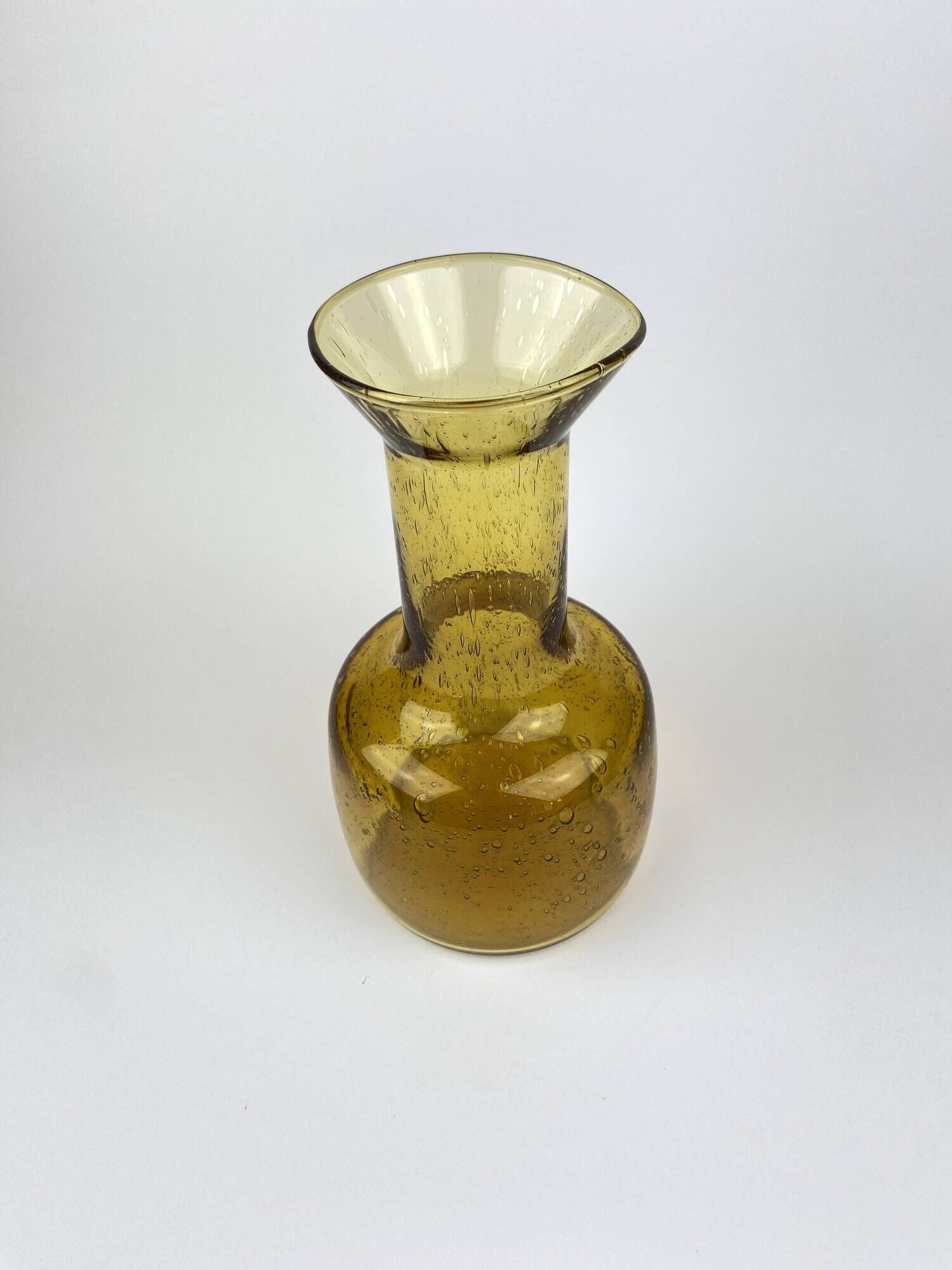 Ancien Vase Carafe Verre Soufflé Bullé Ambré Jaune