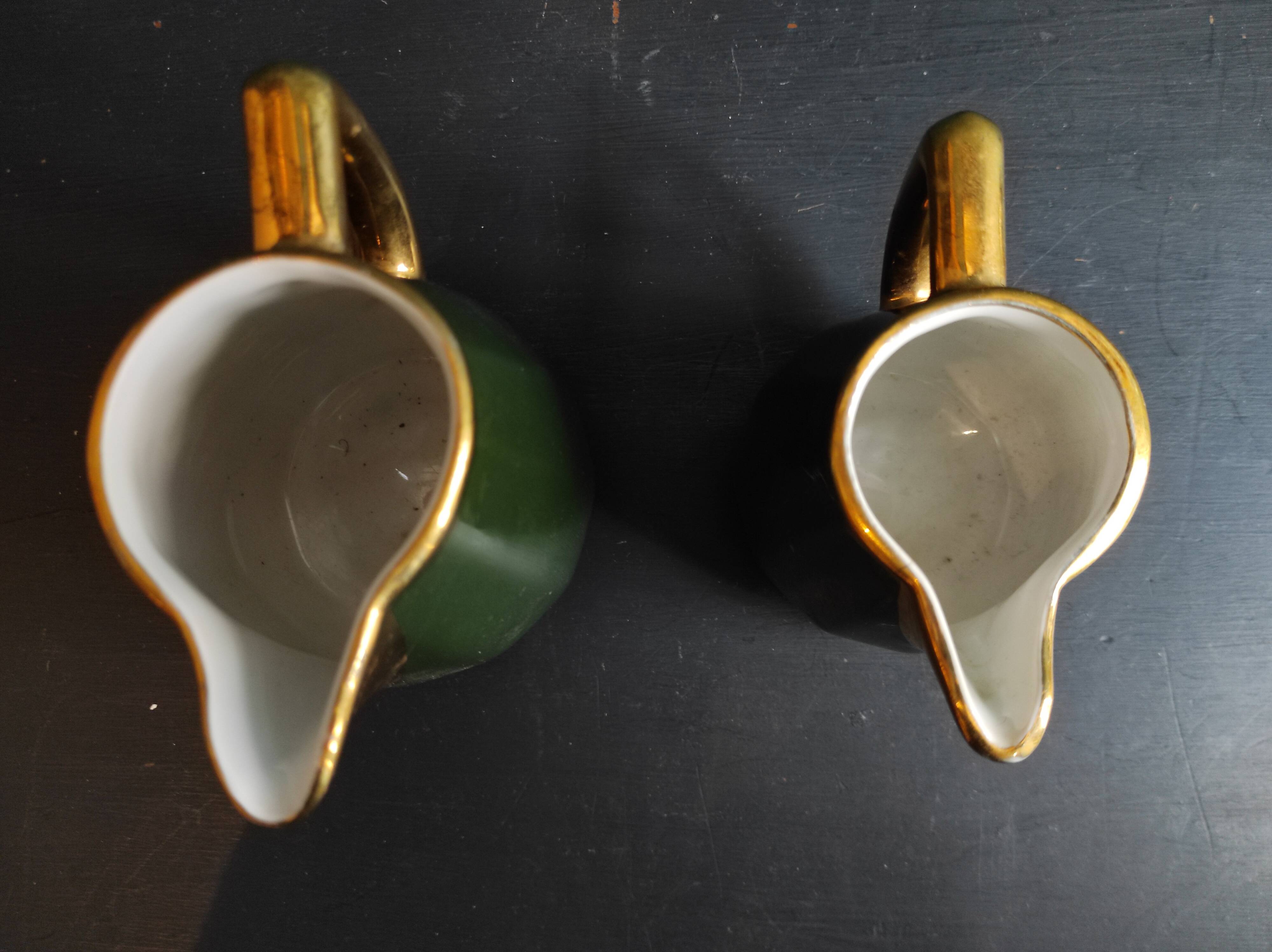 Set of two vintage French milk jugs in green and gold, Manuguet, Tarbes Lourdes