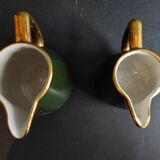 Set of two vintage French milk jugs in green and gold, Manuguet, Tarbes Lourdes