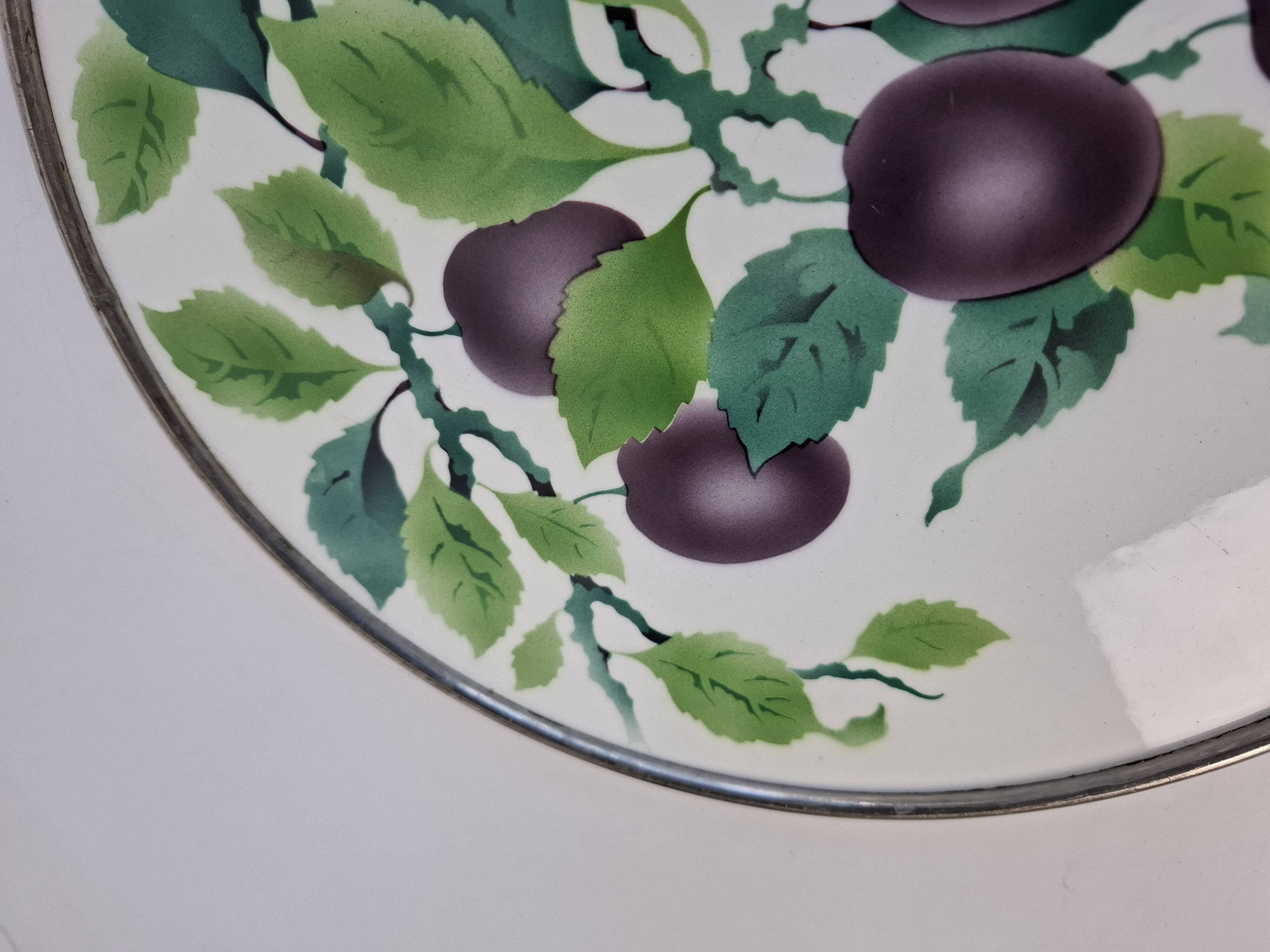 Czechoslovak Art Deco Porcelain Tray with Plum Motif and Metal Rim, 1930s