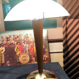 Table lamp legs chrome wood lampshade opaque glass.
