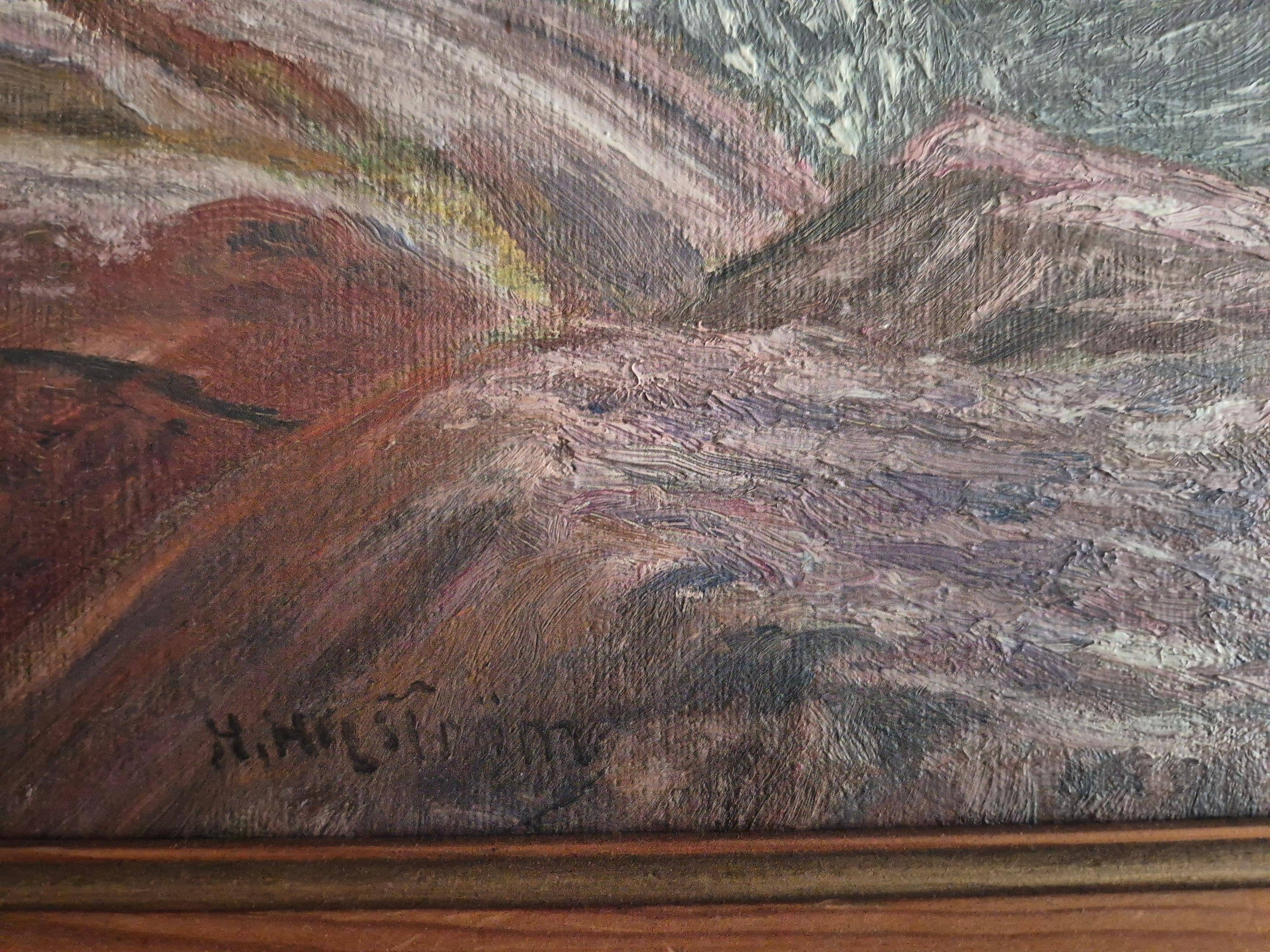Swedish oil painting, ocean/archipelago motif with pine frame, mid-1900s.