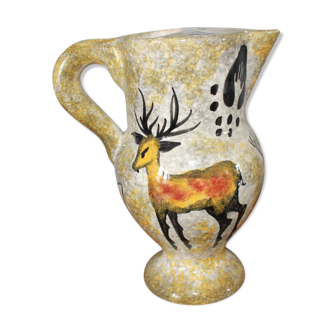 Pitcher signed in ceramic décor deer and roe deer