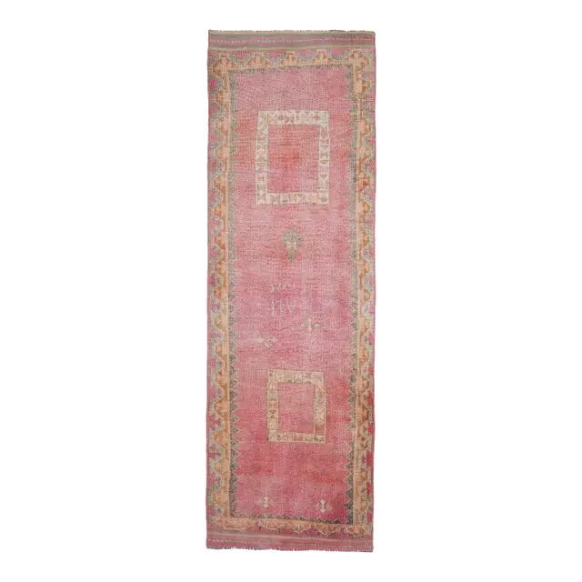 1970s Vintage Turkish Hand-Knotted Wool Cotton Pink Runner Rug 110x361