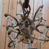 Small bronze "cage" chandelier with three lights decorated with tassels and pendant. Late 19th century