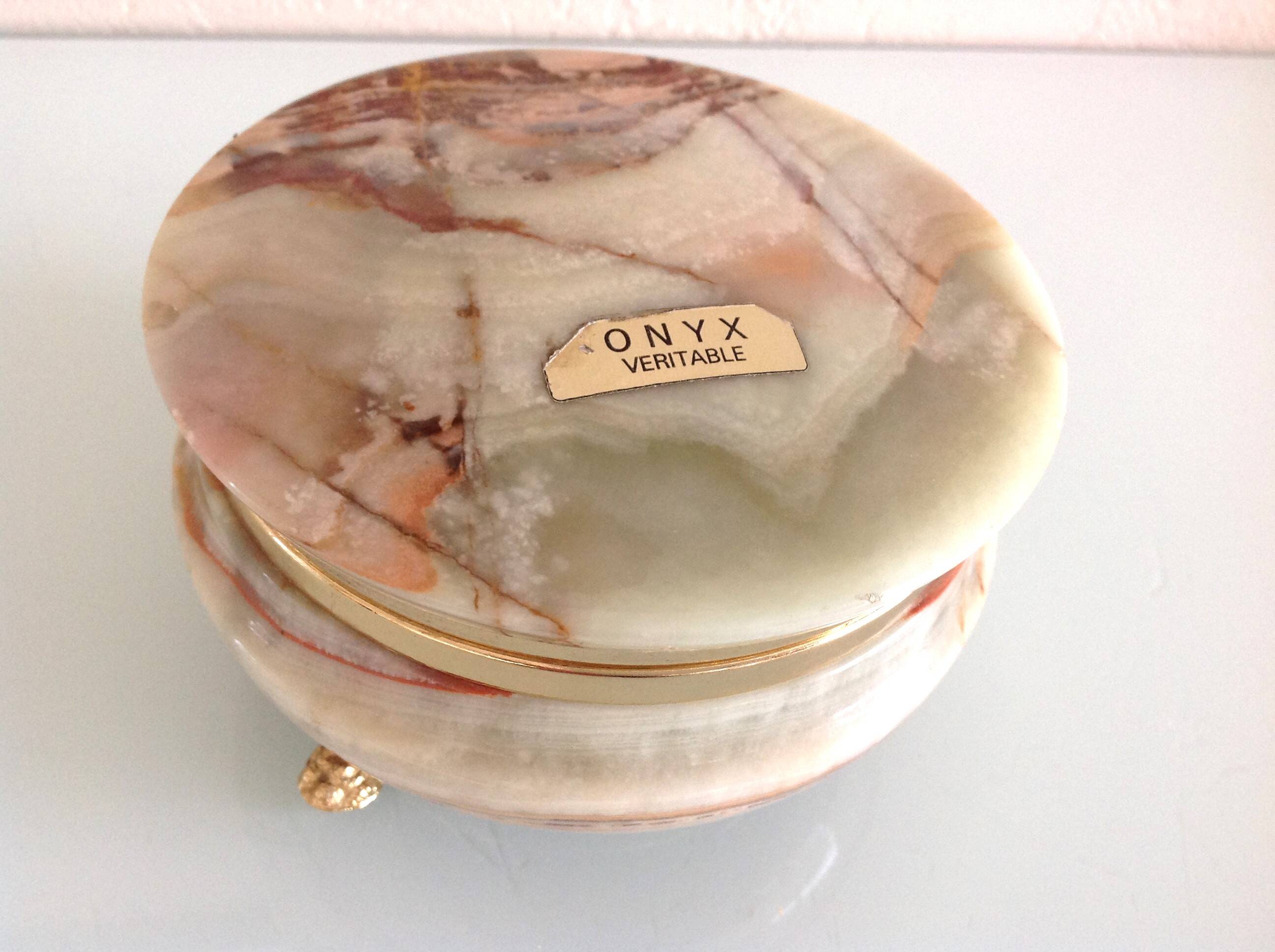 Boîte à bijoux ronde en onyx vert sur pieds dorés / vintage années 60-70
