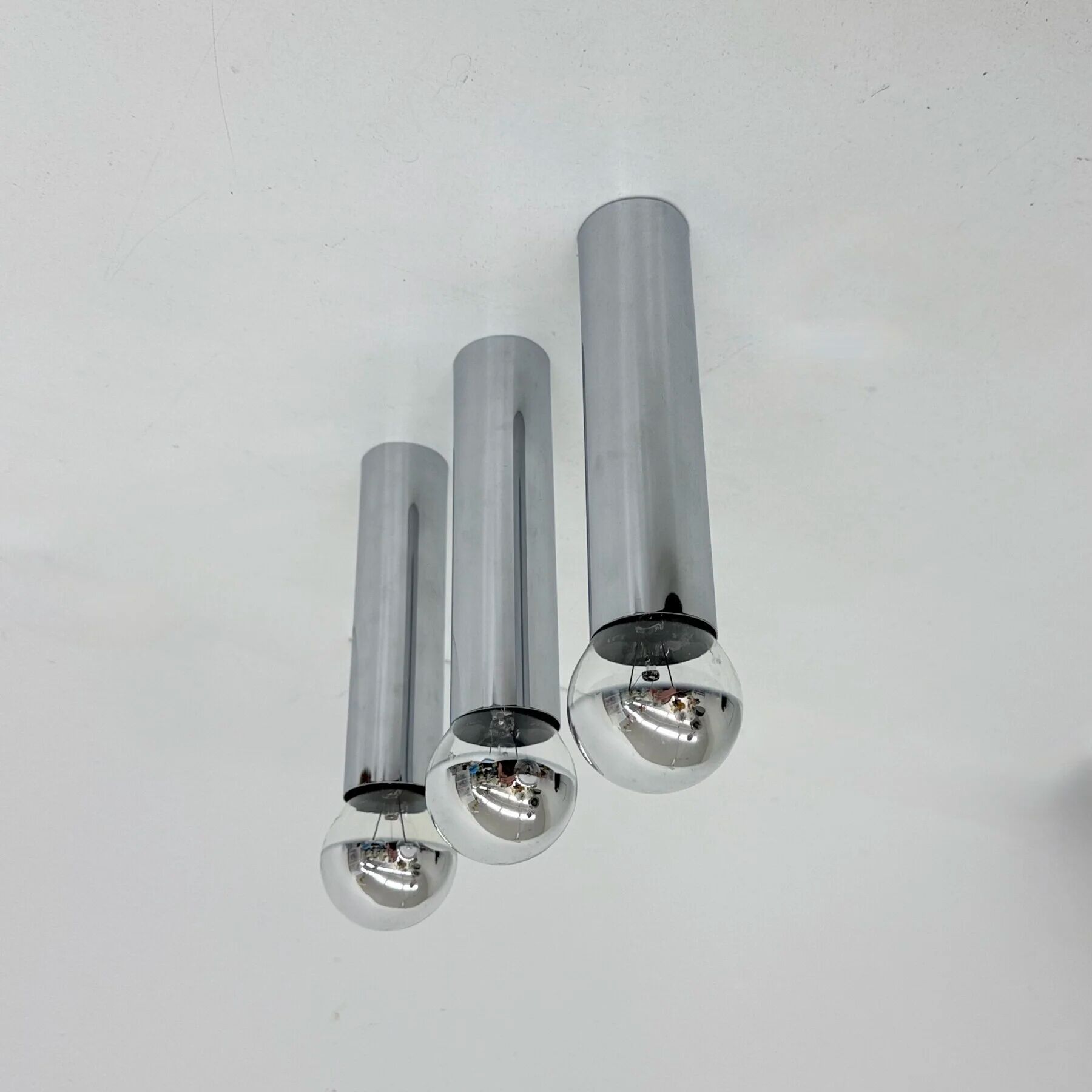 Set of 3 minimalist chrome tube ceiling / wall lamps, 1970s