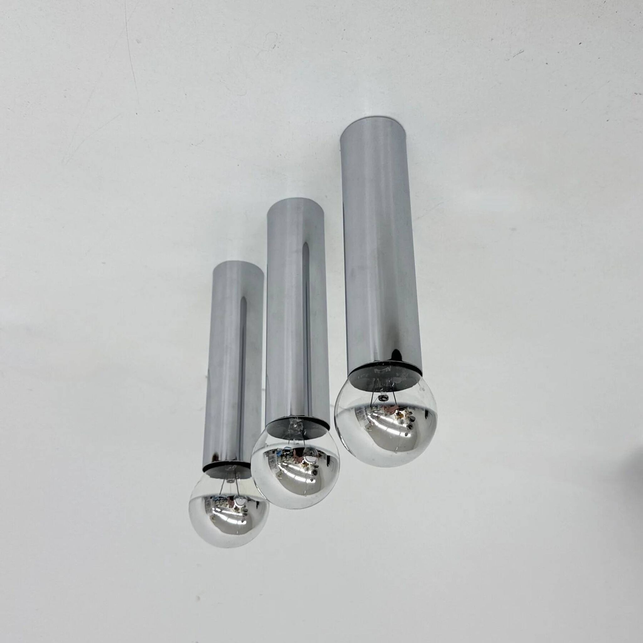 Set of 3 minimalist chrome tube ceiling / wall lamps, 1970s