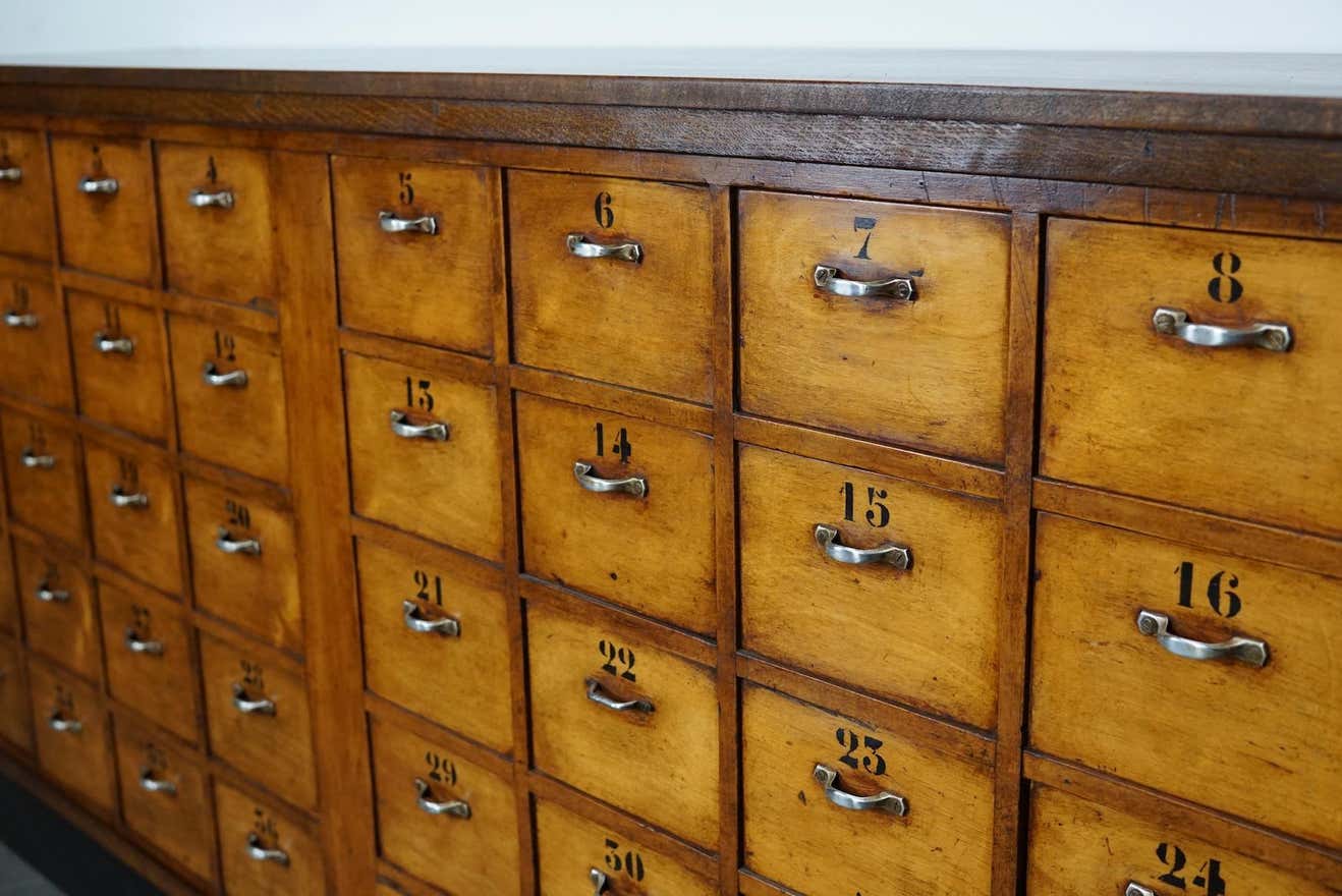 Dutch industrial apothecary cabinet in beech and oak 1940s