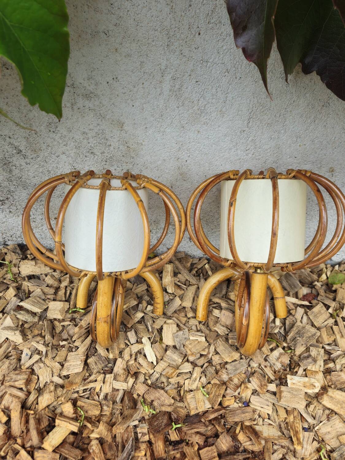 Pair of rattan wall lights by Louis Sognot 1950