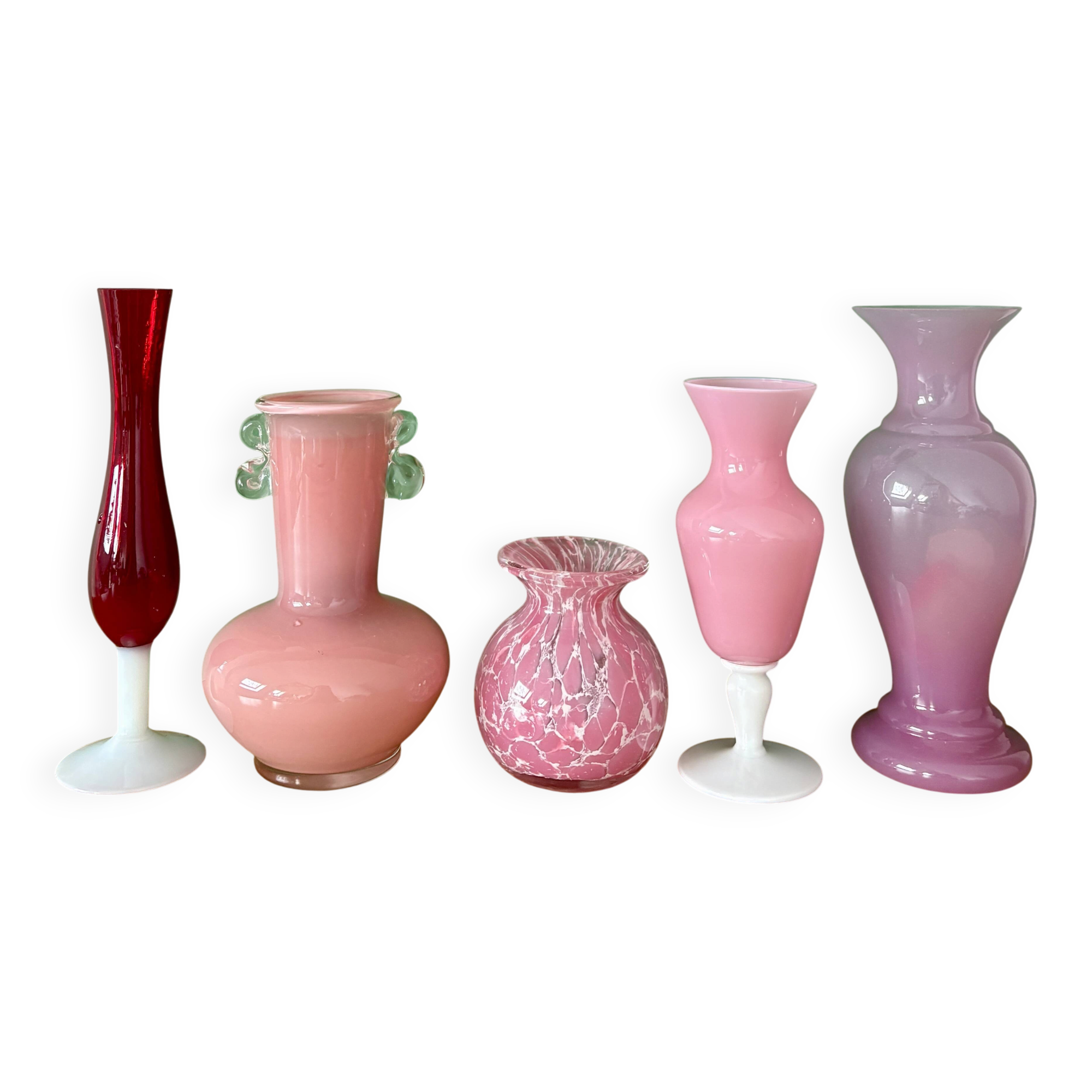 Set of 5 antique vases/soliflores in opaline and pink and red glass.