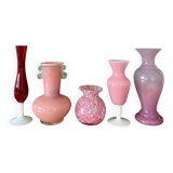 Set of 5 antique vases/soliflores in opaline and pink and red glass.