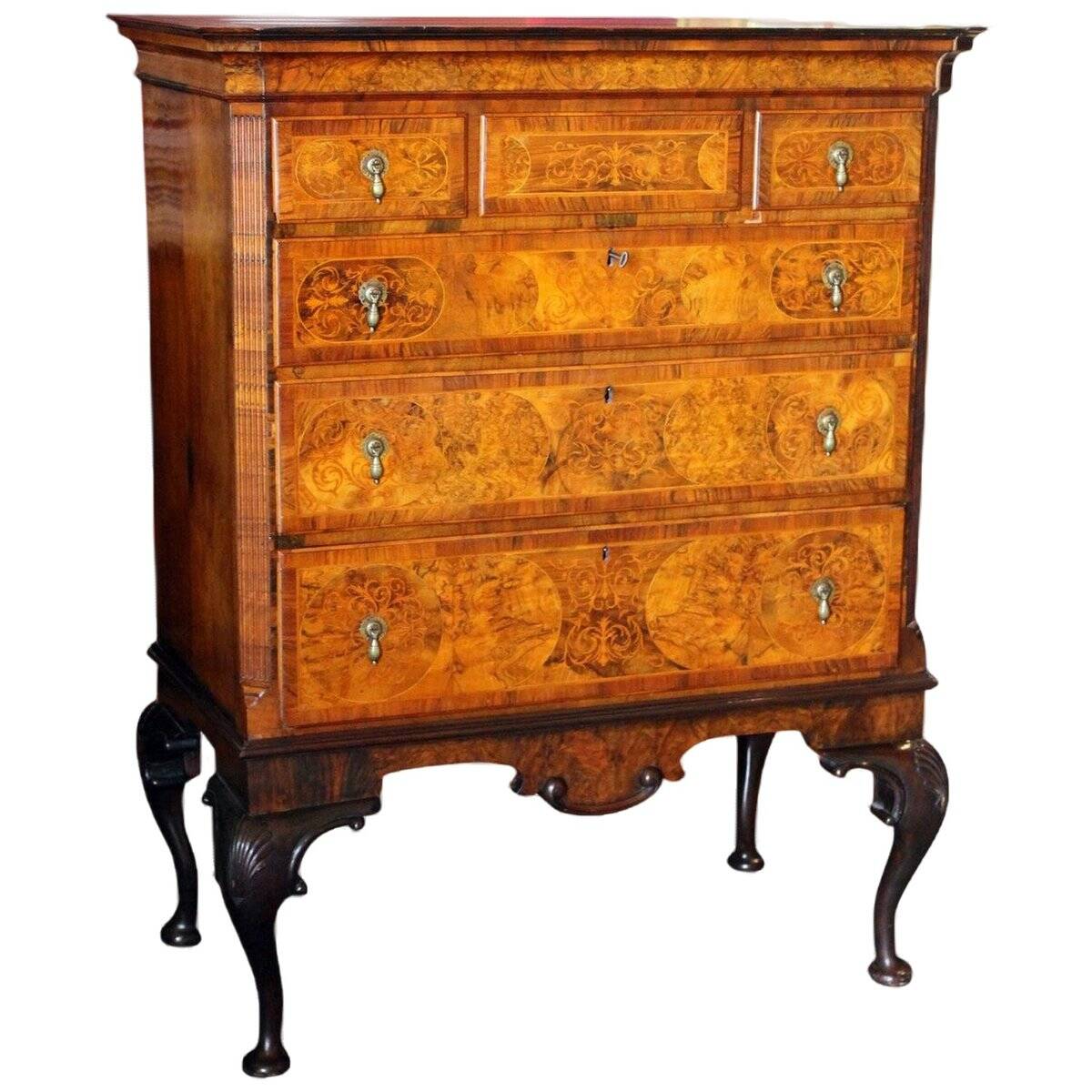 George II Burl Walnut and Marquetry Hightboard, 1890s