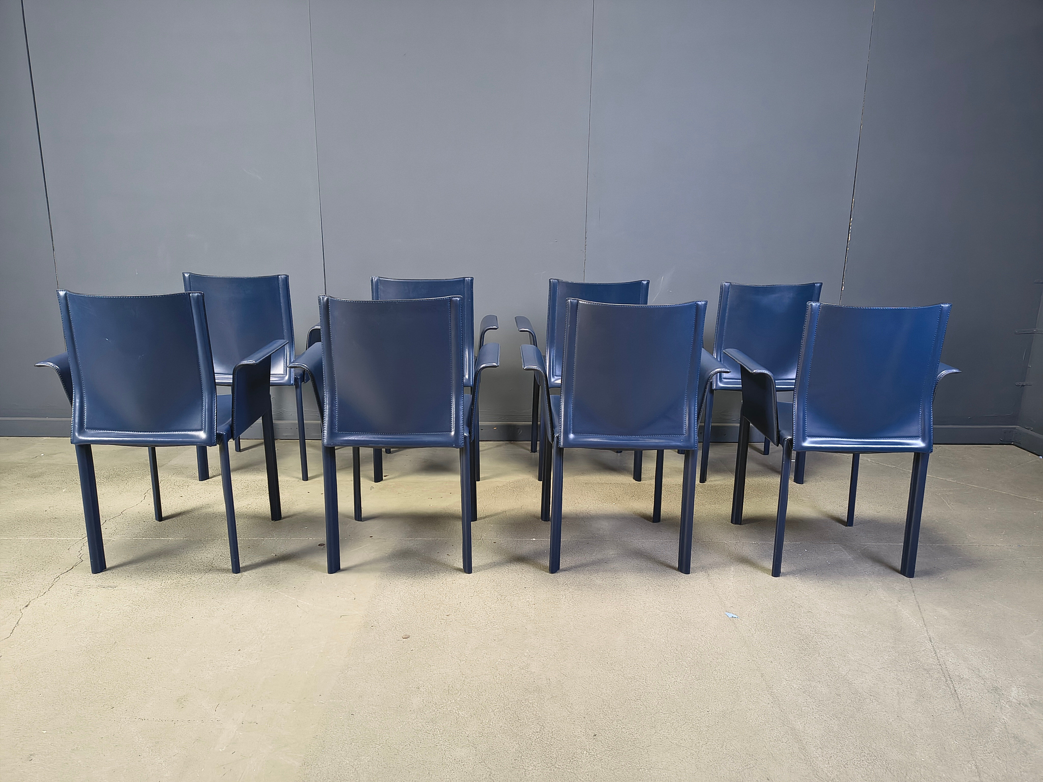 Postmodern blue leather dining chairs Italy, 1980s set of 8