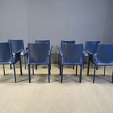 Postmodern blue leather dining chairs Italy, 1980s set of 8