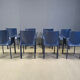 Postmodern blue leather dining chairs Italy, 1980s set of 8