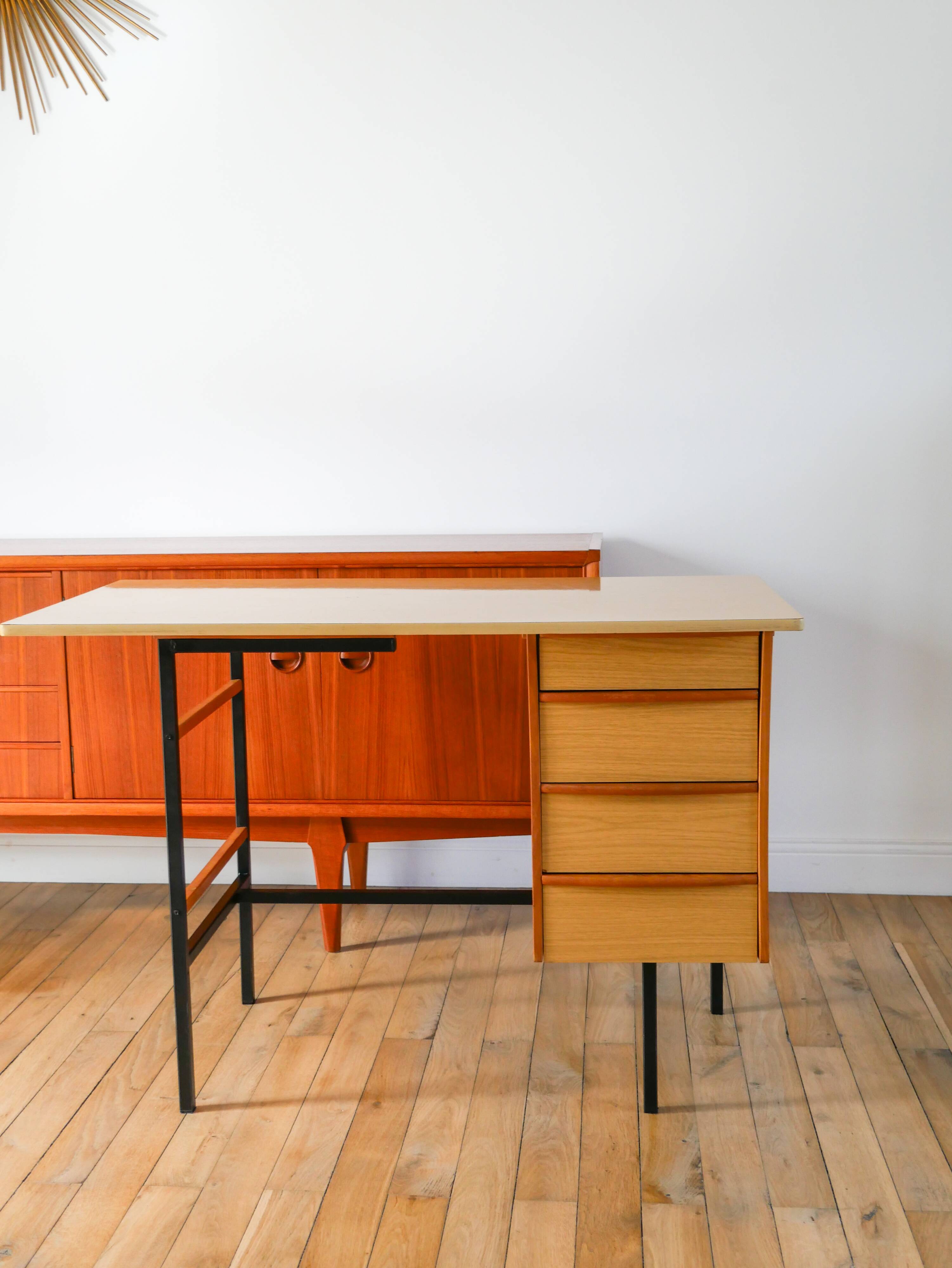 Formica, beech and black metal desk, Modernist Design, 1960