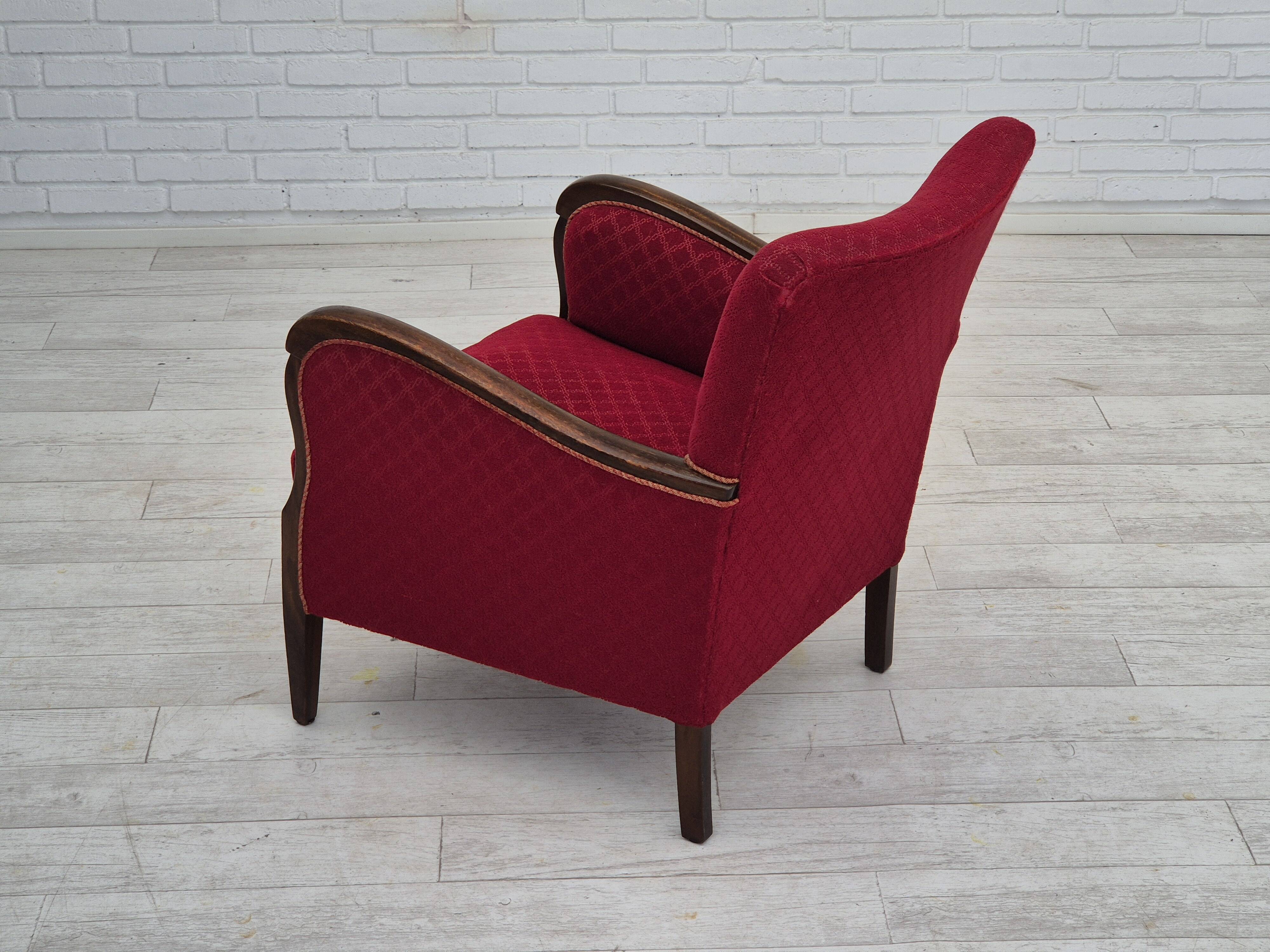 1950s, Danish design, armchair, original condition, red cotton-wool fabric.