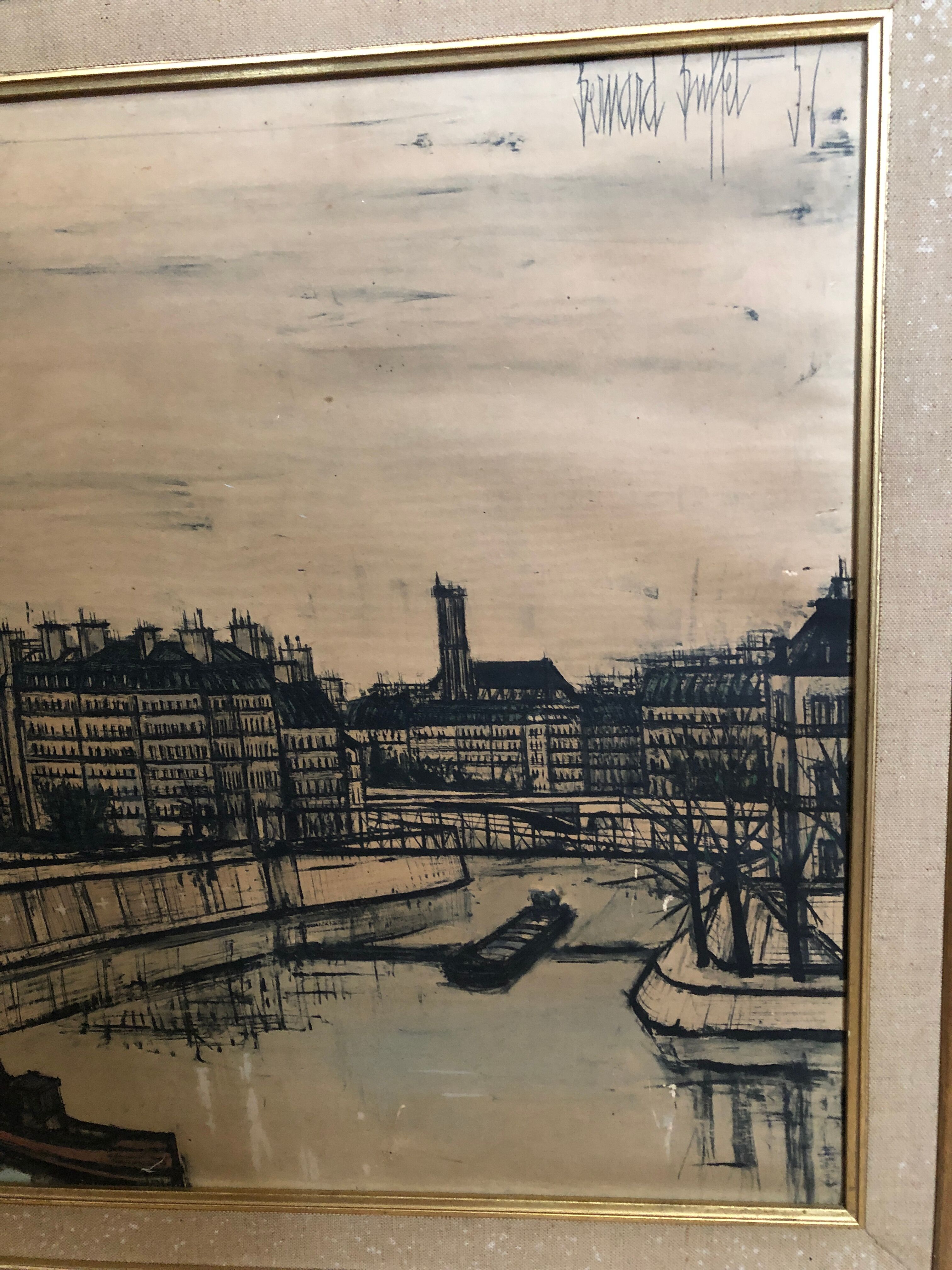 Old painting on canvas buffet 56 Notre Dame Paris + vintage wooden frame