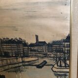 Ancien tableau tirage sur toile buffet 56 notre dame paris + cadre bois vintage