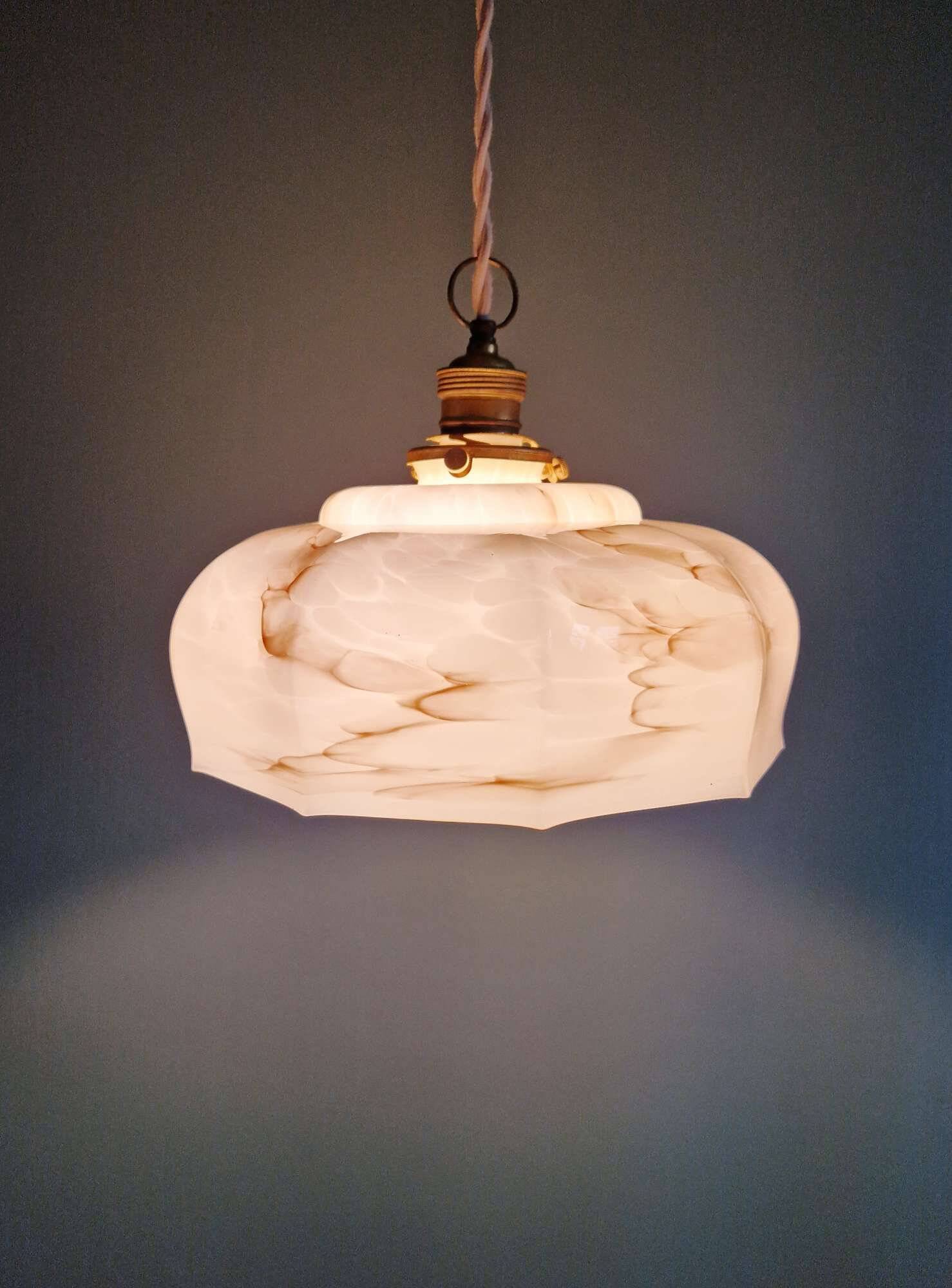Art Deco pendant light in pink marbled opaline, Scailmont, 1920-30