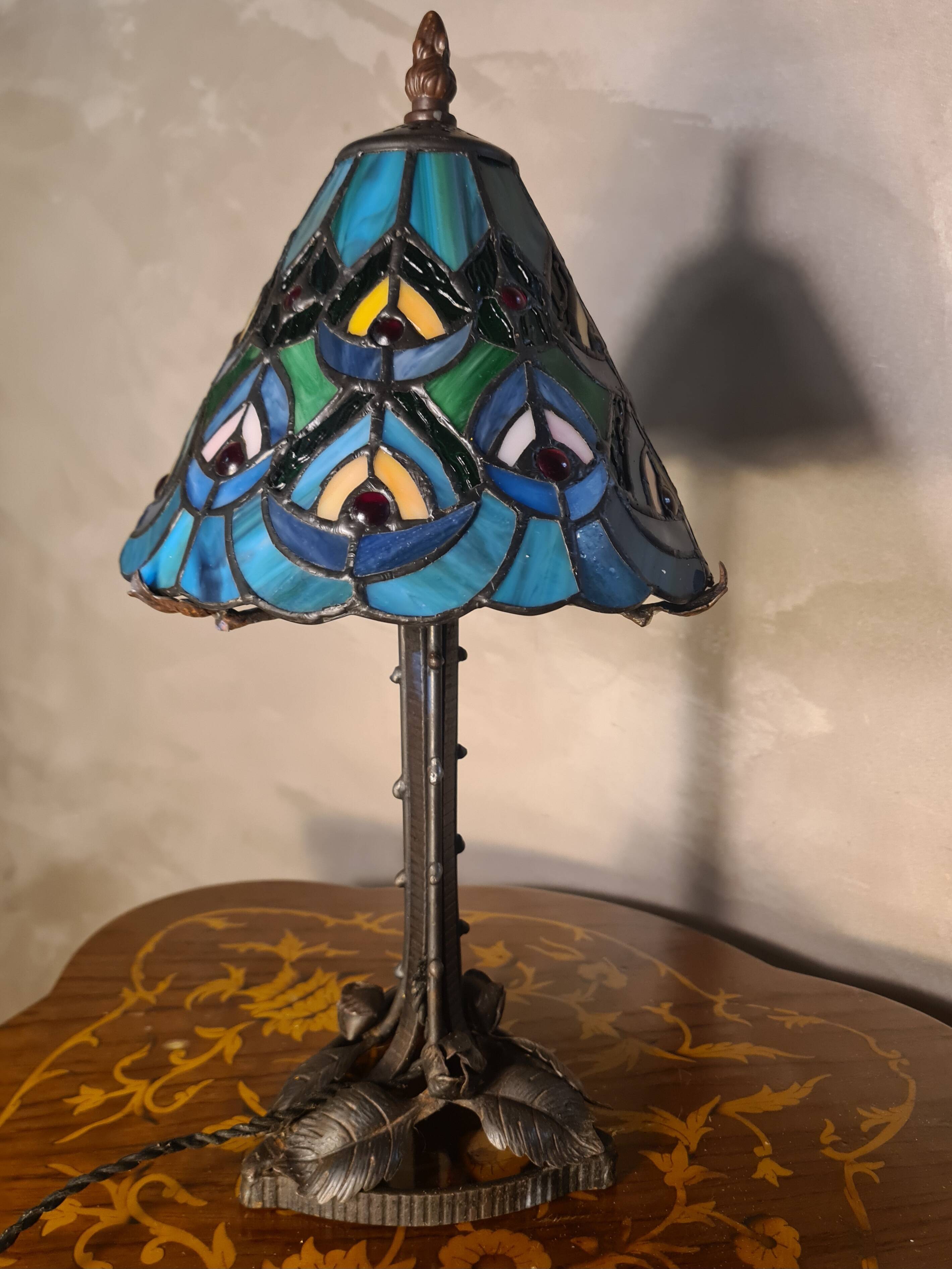 antique wrought iron floor lamp, 1900 to 1940 with stained glass lampshade