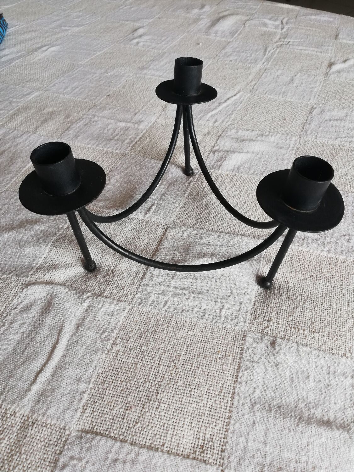 Black candle holder for three wrought iron candles
