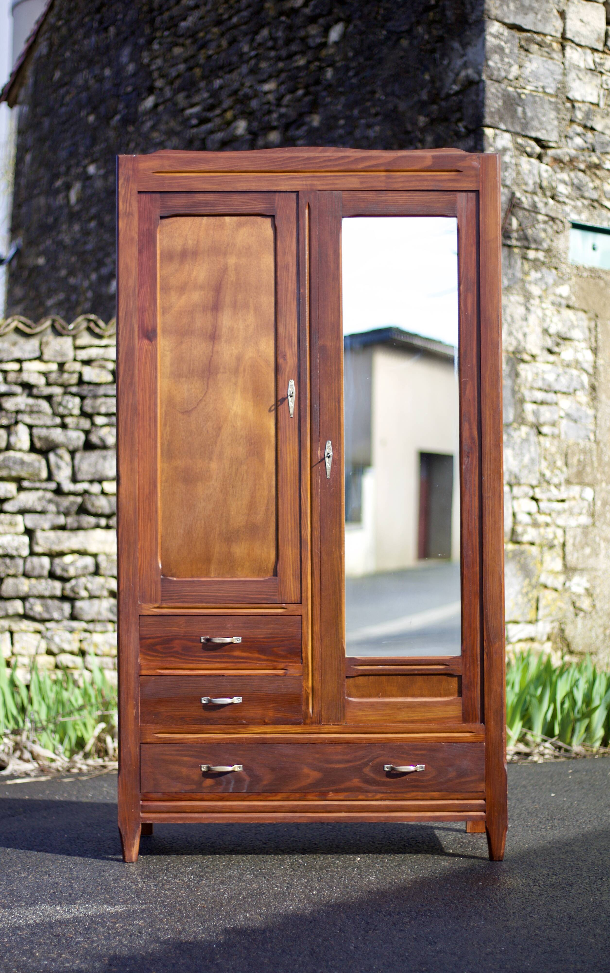 Art deco wooden cabinet with mirror, wooden storage unit, vintage Parisian cabinet