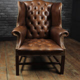 Georgian Style Brown Buttoned Leather Wing Chair