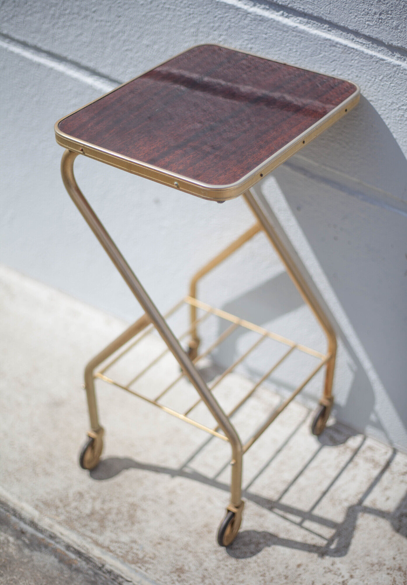 Metal wheeled tray with formica top, vintage wheeled cabinet, vintage side table