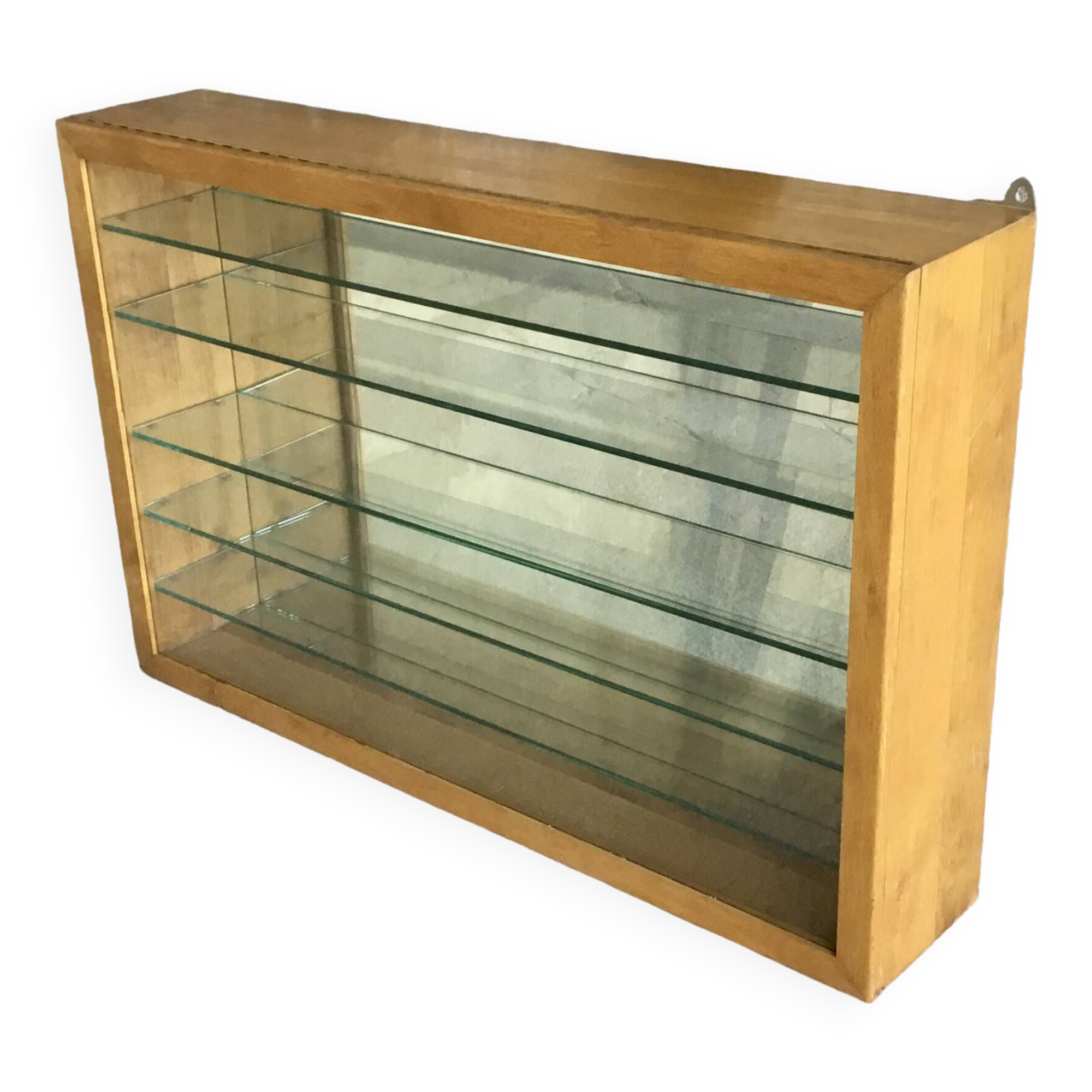Large pharmacy wall display case in light oak - vintage 1960