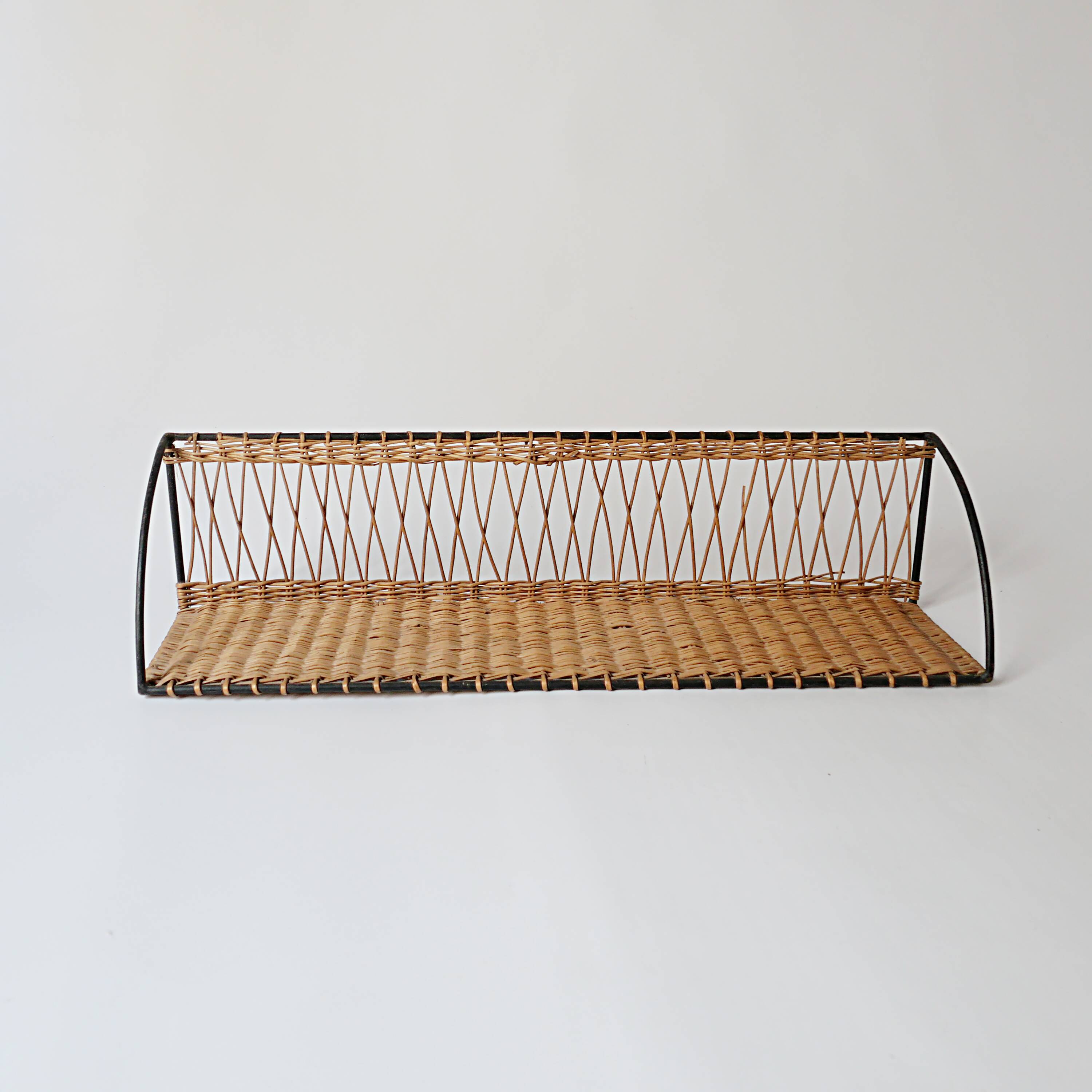 Vintage metal and wicker wall shelf, 1950s-1970s design, Mategot
