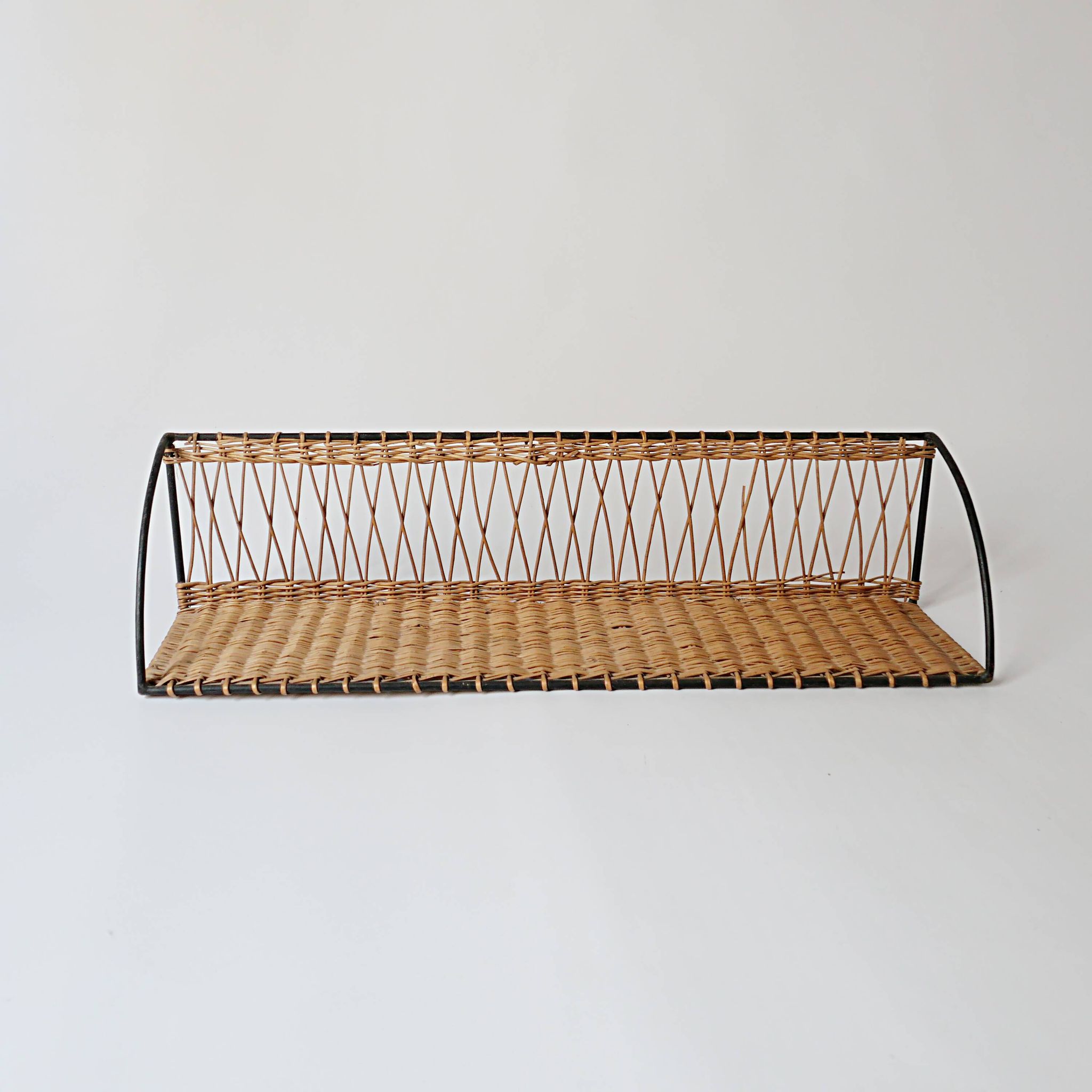 Vintage metal and wicker wall shelf, 1950s-1970s design, Mategot