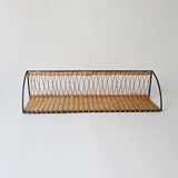 Vintage metal and wicker wall shelf, 1950s-1970s design, Mategot