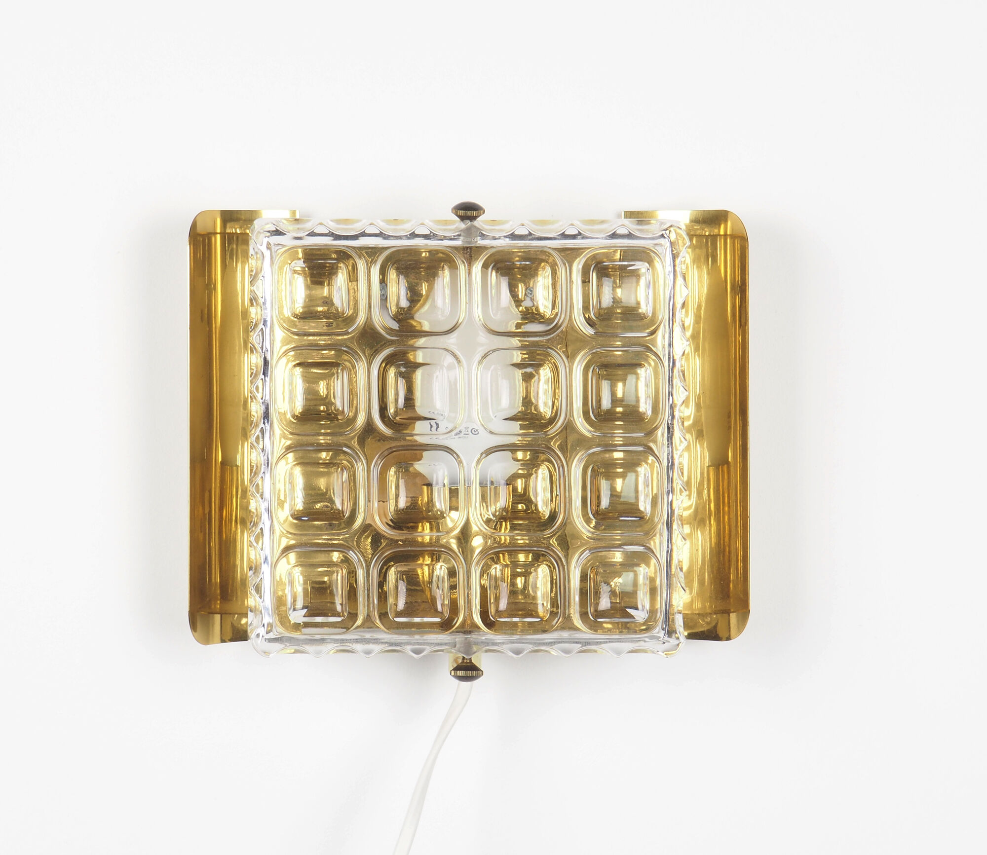 Brass an pressed glass square wall lamps by Carl Fagerlud for Orrefors, 1960