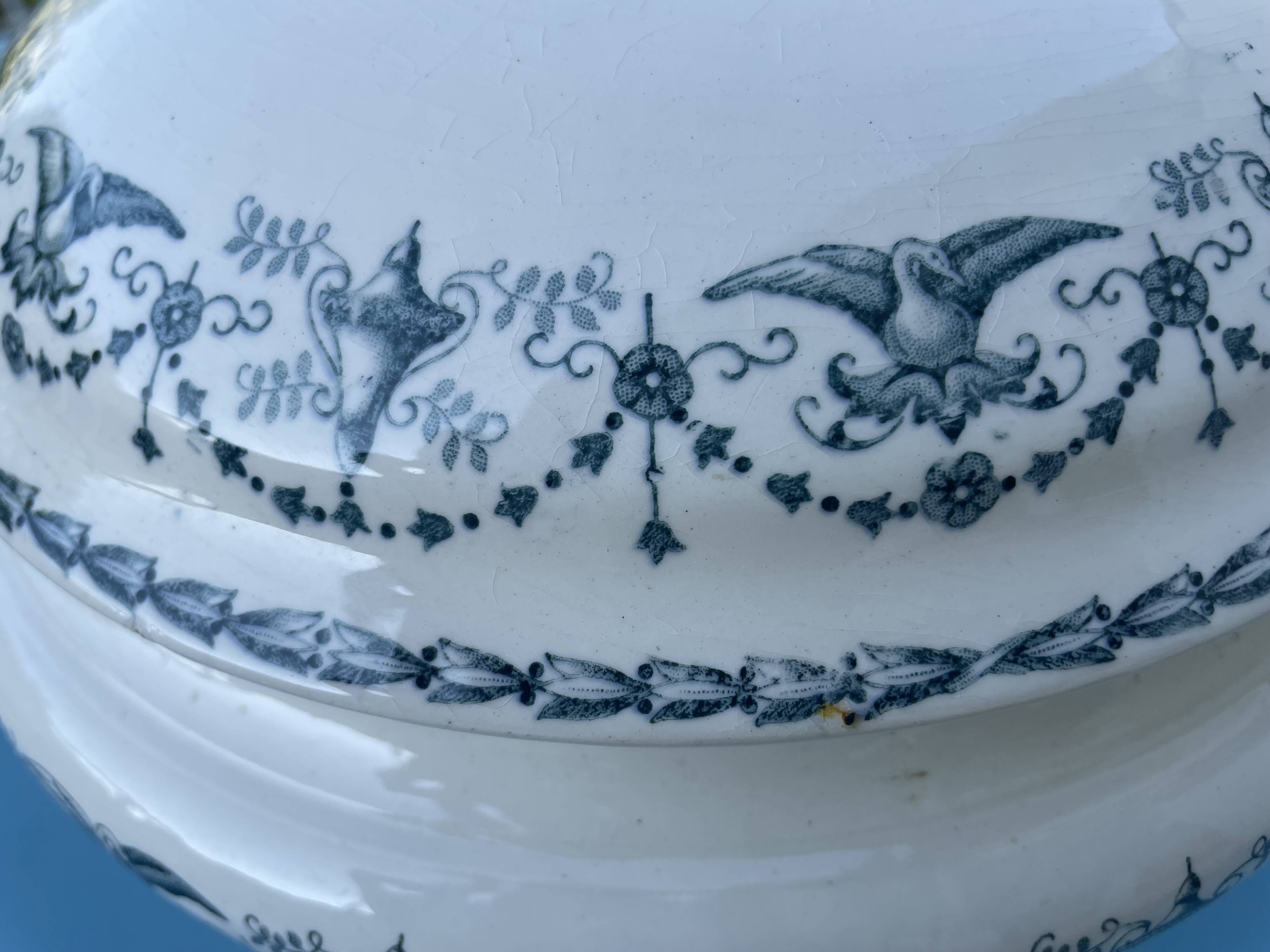 Soupière ronde modèle Primerose oiseaux demi porcelaine Badonviller