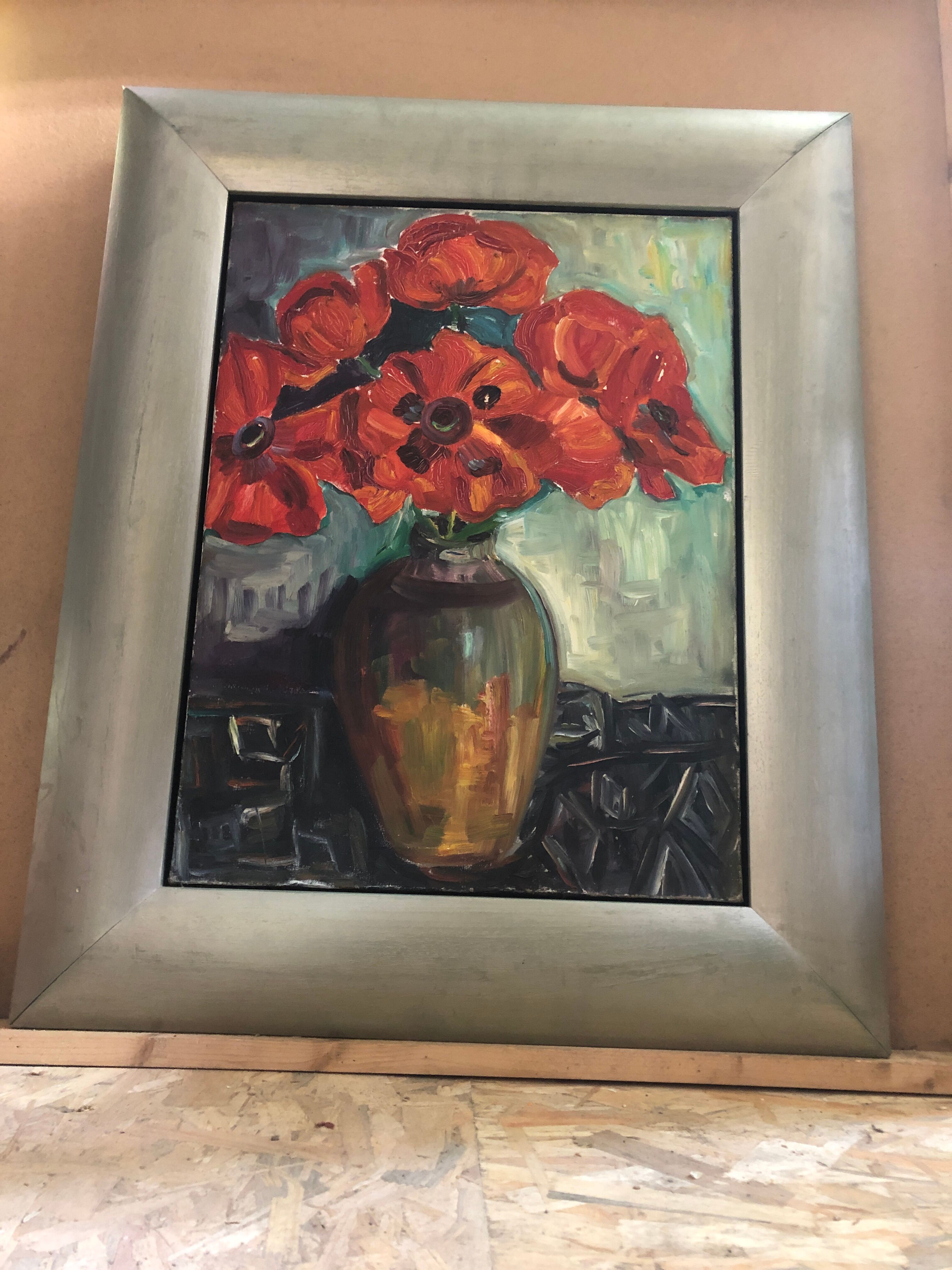 Old oil painting on canvas bouquet of flowers + vintage gray wood frame