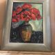 Old oil painting on canvas bouquet of flowers + vintage gray wood frame