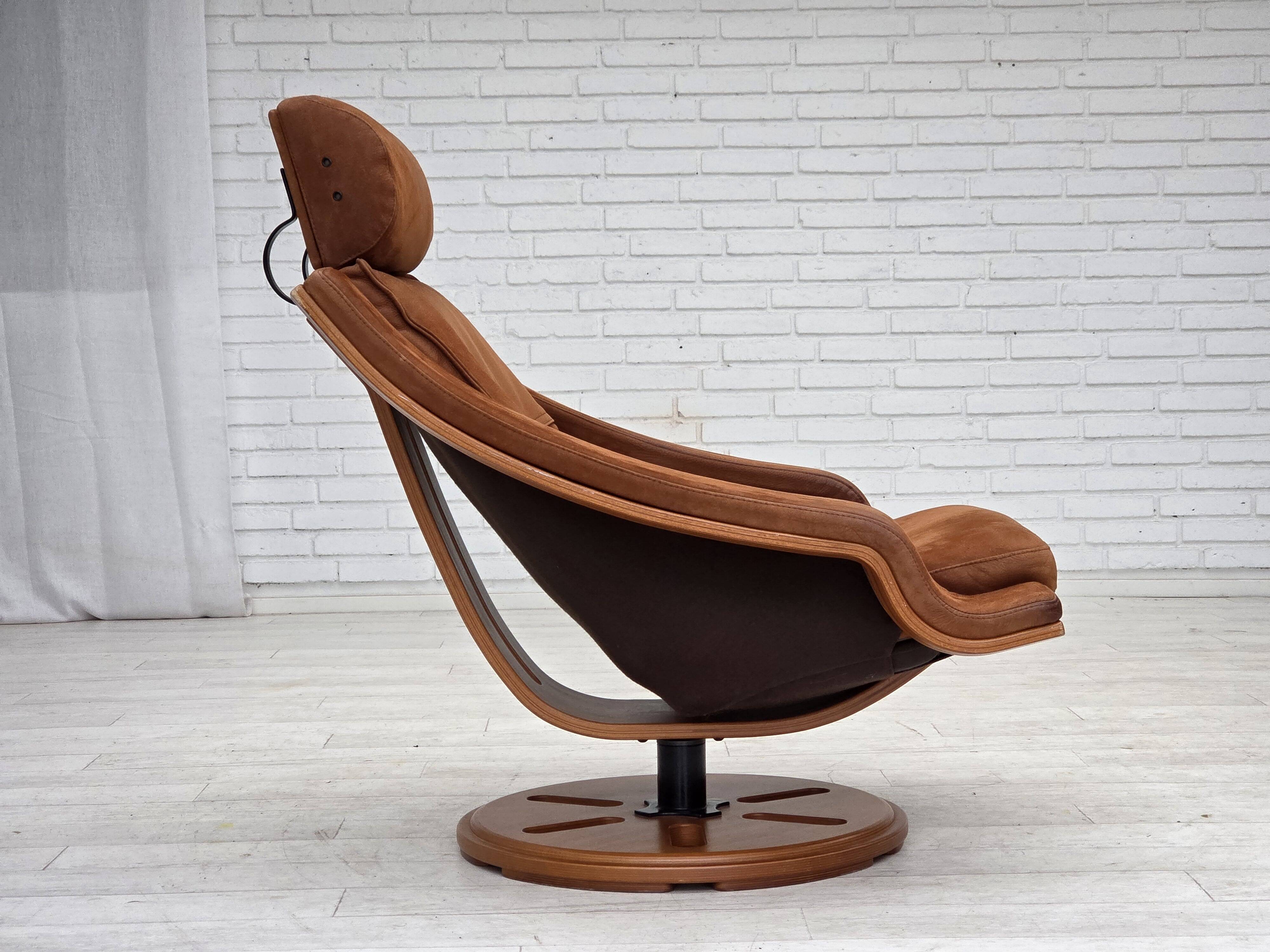 1980s, Swedish swivel armchair, nubuck leather, canvas, bent beech wood.