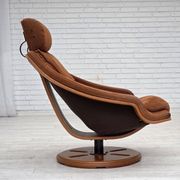 1980s, Swedish swivel armchair, nubuck leather, canvas, bent beech wood.