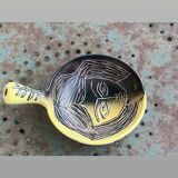 Bowl, pan with a female face engraved in enameled ceramic helene Ugo vallauris vintage
